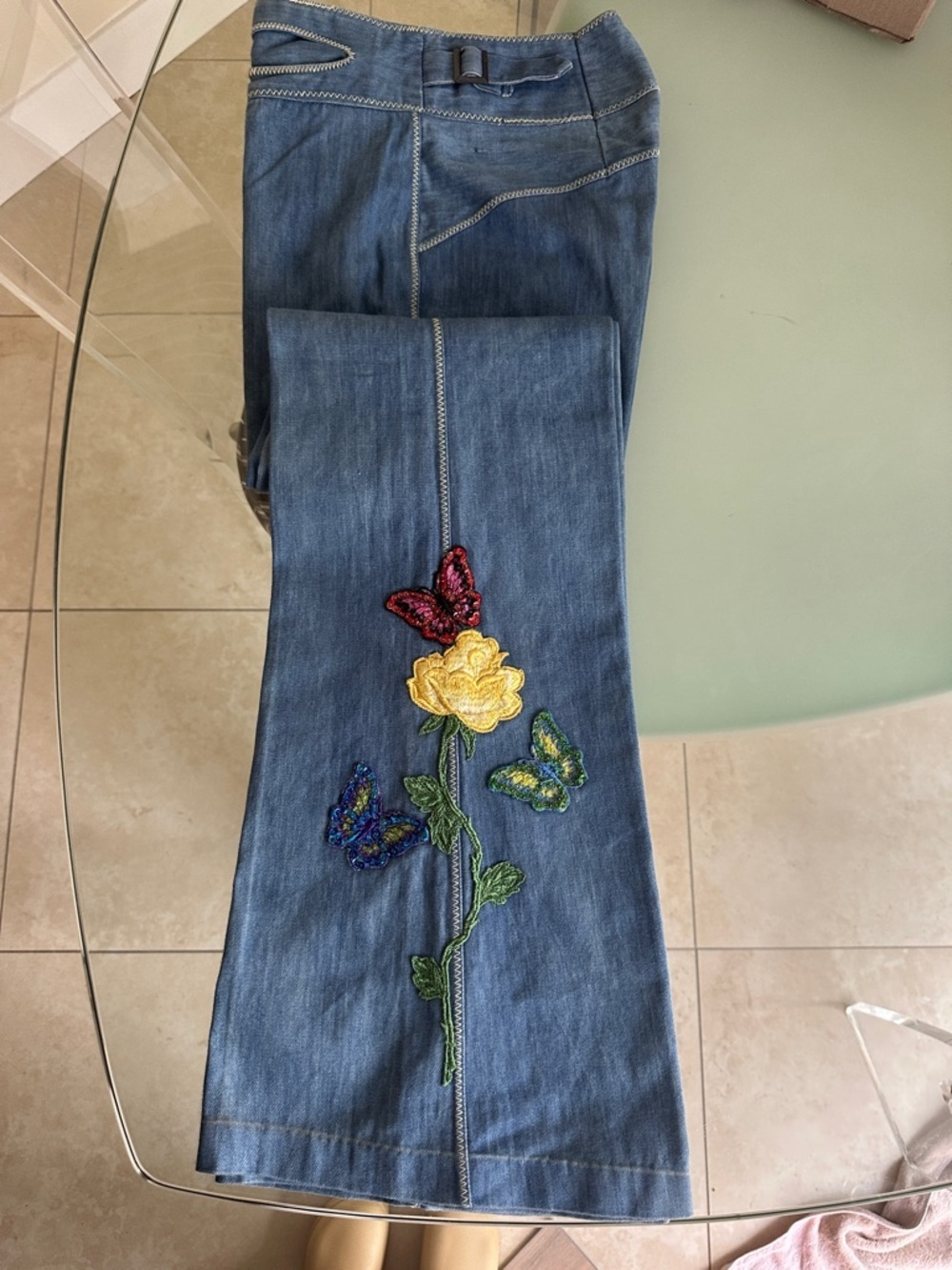 LK NEW 70s Faded Glory Wide Leg Jeans Embroidered / Sequined 🦋 & 💐 - Picture 6 of 15
